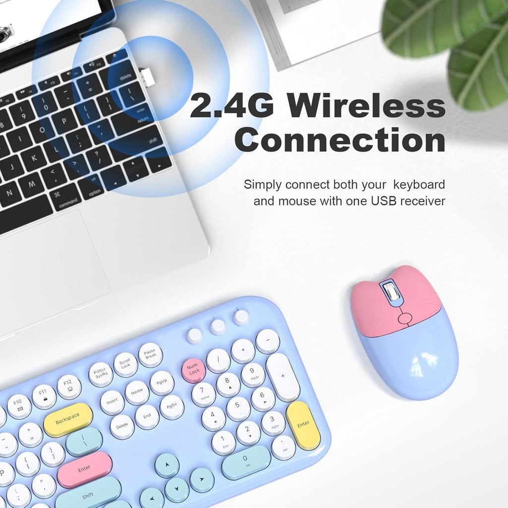 Wireless Keyboard & Mouse Combo - Silent Click, Colorful 104 Keys