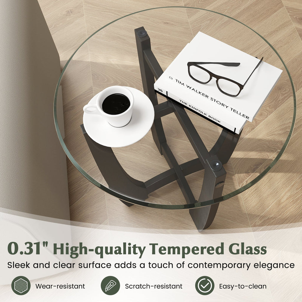 23.5 Inch Round End Side Table with Tempered Glass Tabletop-Black