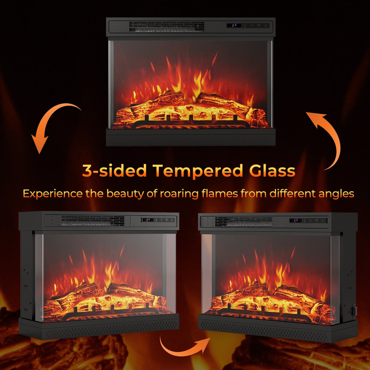 24 Inches 3-Sided Glass Electric Fireplace Heater with Remote Control