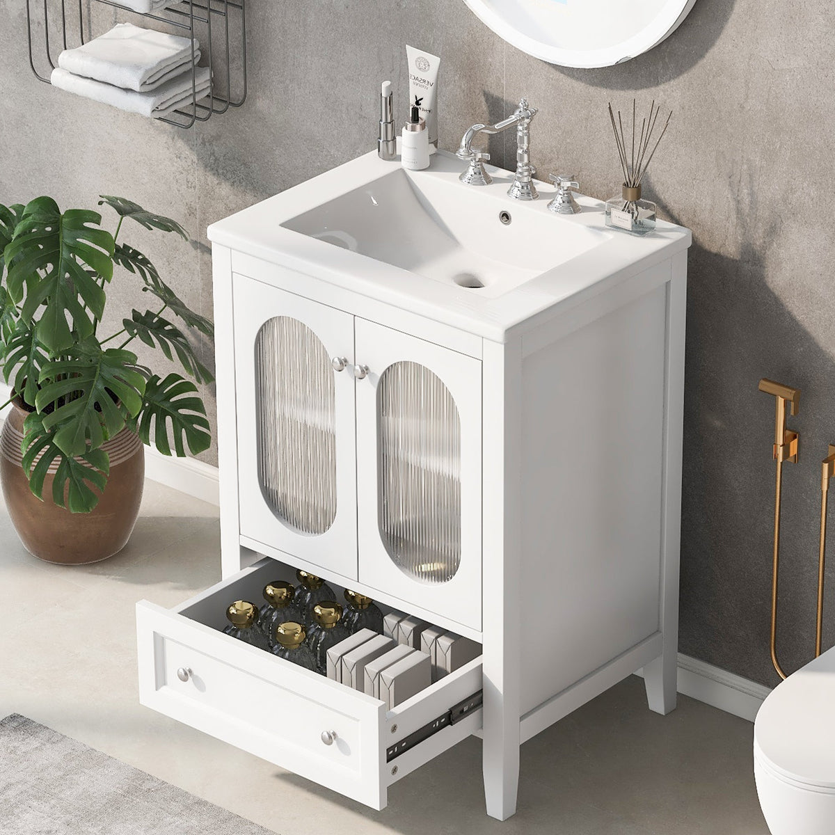 24" Bathroom Vanity with Sink, Bathroom Vanity Cabinet with One Drawer and Doors, Adjustable Shelf, Solid Wood and MDF, White