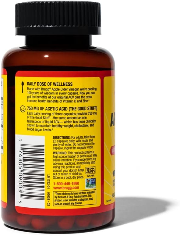 Bragg Apple Cider Vinegar Capsules - Vitamin D3 & Zinc - 750mg of Acetic Acid – Immune & Weight Management Support - Non-GMO, Vegan, Gluten Free, No Sugar (1)