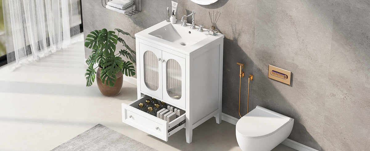24" Bathroom Vanity with Sink, Bathroom Vanity Cabinet with One Drawer and Doors, Adjustable Shelf, Solid Wood and MDF, White