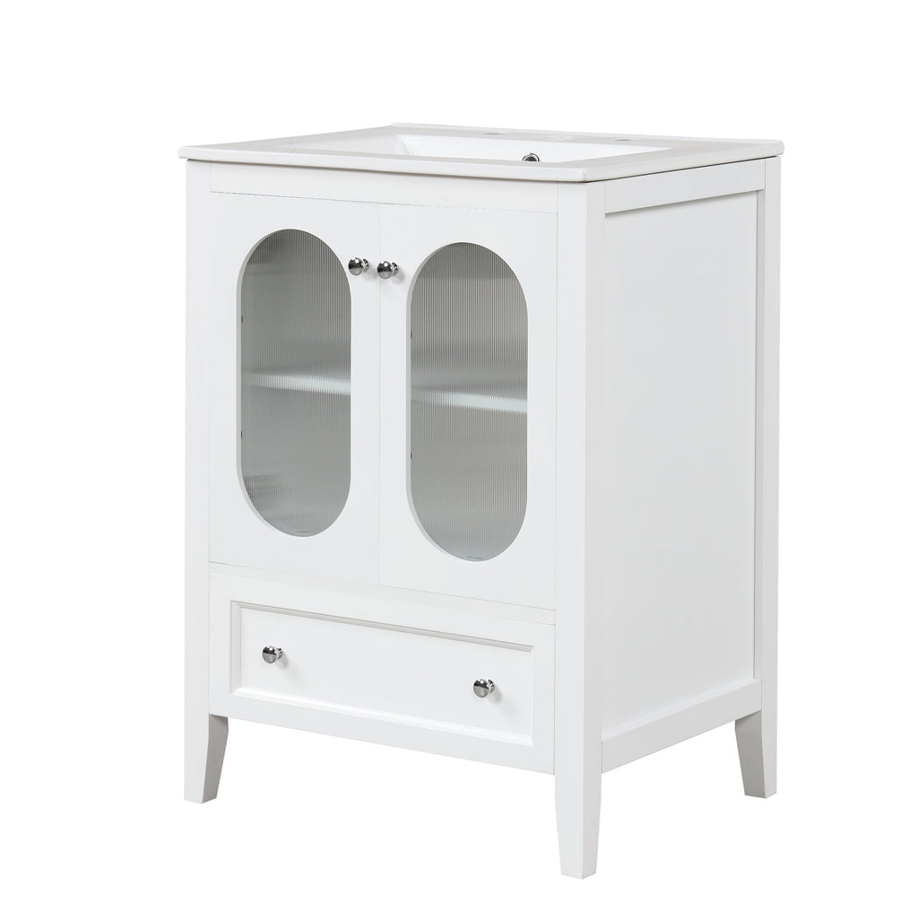 24" Bathroom Vanity with Sink, Bathroom Vanity Cabinet with One Drawer and Doors, Adjustable Shelf, Solid Wood and MDF, White
