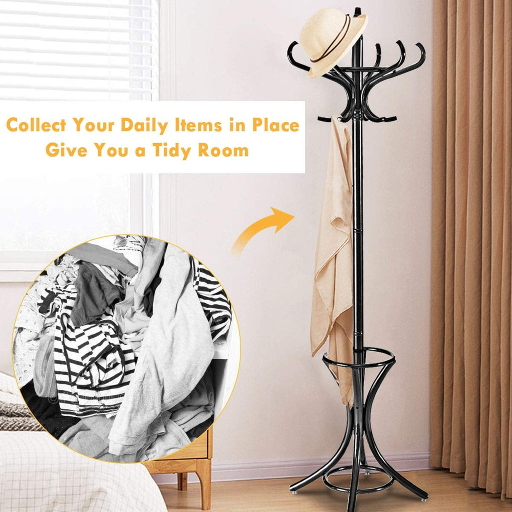 Wood Standing Hat Coat Rack with Umbrella Stand