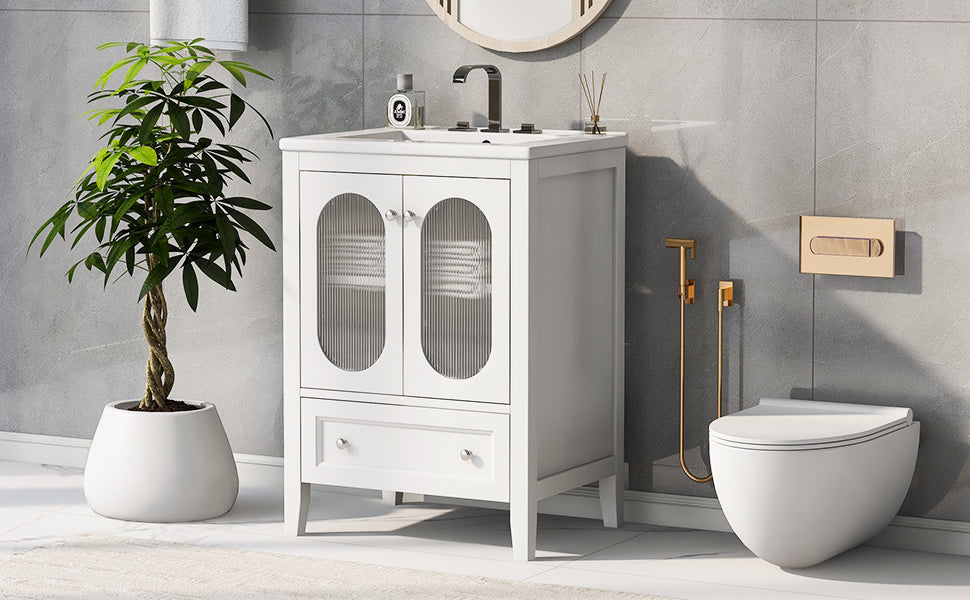 24" Bathroom Vanity with Sink, Bathroom Vanity Cabinet with One Drawer and Doors, Adjustable Shelf, Solid Wood and MDF, White