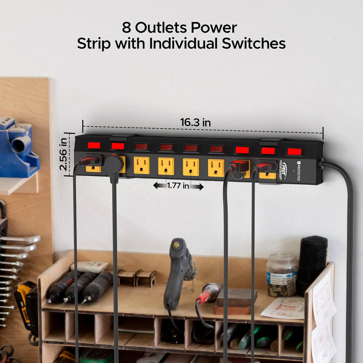 CRST 8-Outlet Wide Metal Surge Protector Power Strip - Individual Switches, 1200J, Wall Mount, 6ft Cord