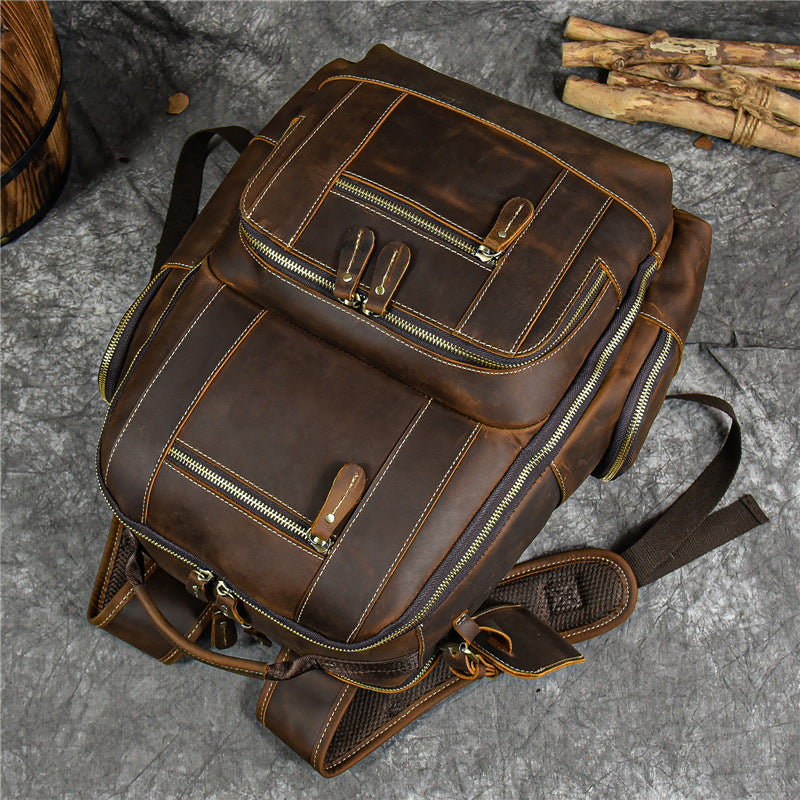 Crazy Horse Leather Travel Backpack Men Leather Laptop Backpack Retro Leather Rucksack