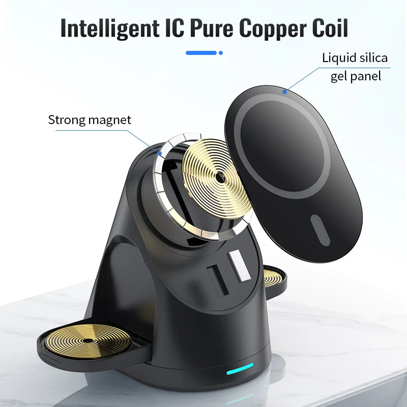 Magnetic wireless charger vertical three in one wireless charging stand suitable for Apple phones headphones and watcheser