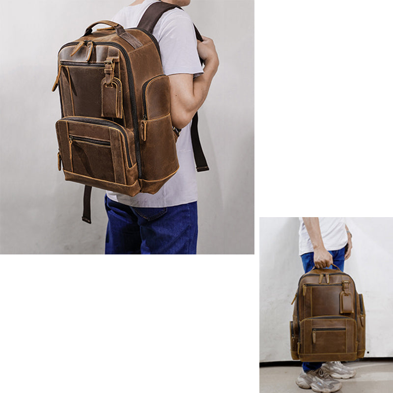 Crazy Horse Leather Travel Backpack Men Leather Laptop Backpack Retro Leather Rucksack
