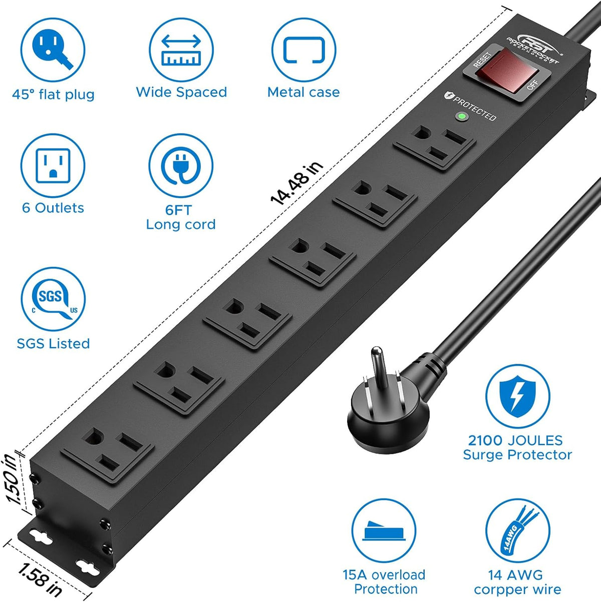 CRST 2PK Wider Spaced 6 Outlet Metal Surge Protector Power Strip 2100J 15A 1875W Heavy Duty Mountable Power Bar 6FT Flat Plug Extension Cord