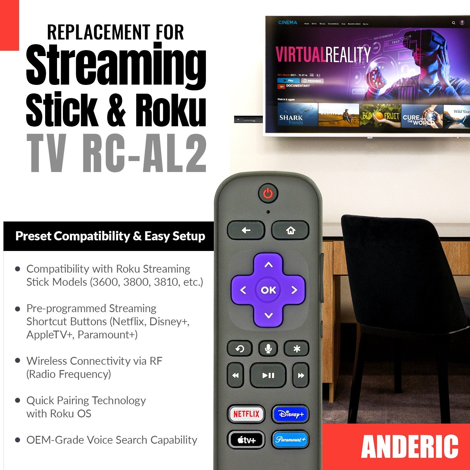 Anderic Substitute for Roku RC-AL4 TV Streaming Remote Control 3226000437 [RCGZ1, NO GAME KEYS / FINDER]