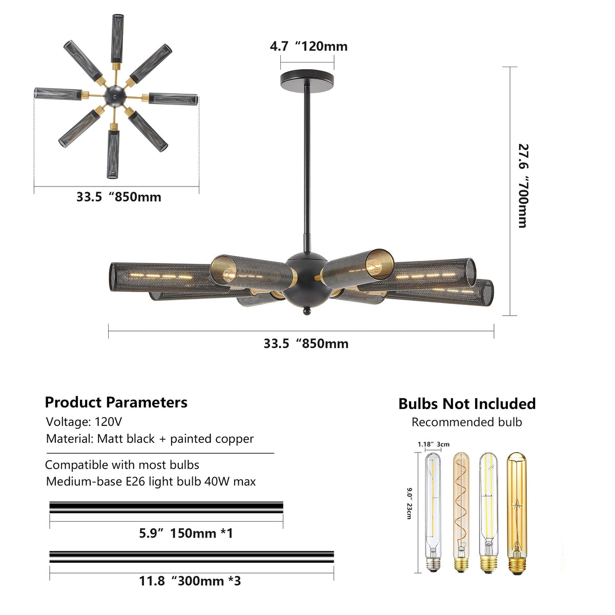 34' Modern Industrial Sputnik 8-Light Chandelier