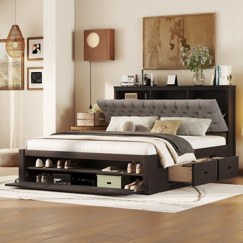 Platform Bed With Storage Headboard, Shoe Rack And 4 Drawers